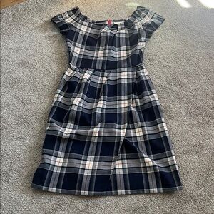Kate spade wool navy plaid cap sleeve faux wrap skirt gathered neck sz6 dress